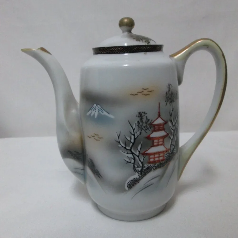 Vintage Porcelain Teapot with Spout Hand-painted Japanese Village 7